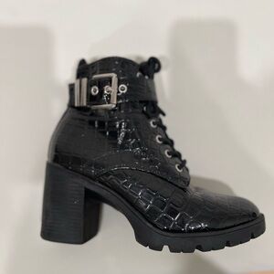 Topshop Glossy Black Ankle Boots with Buckle Detail
